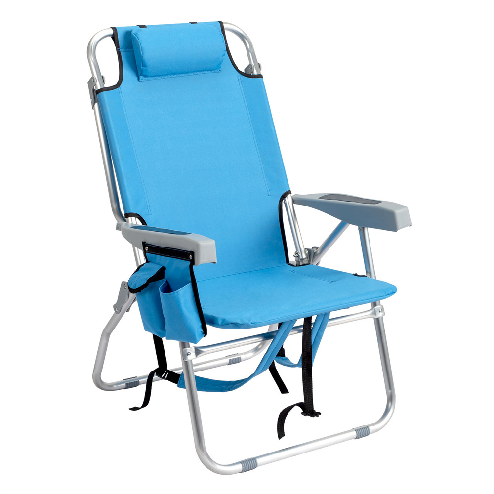 Tcbosik Folding Beach Chair with Towel Bar, Cooler Pouch, Storage Pouch, Pillow and Armrest, 220lbs Capacity, Blue